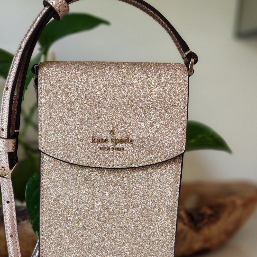 Kate Spade Shimmy Glitter North South Flap Phone Crossbody Rose Gold Pink